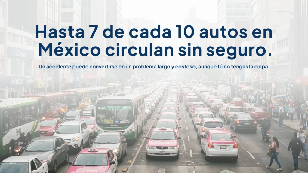 Vista panorámica del tráfico denso en CDMX que ilustra la estadística de la AMIS sobre vehículos sin seguro vigente circulando en México.