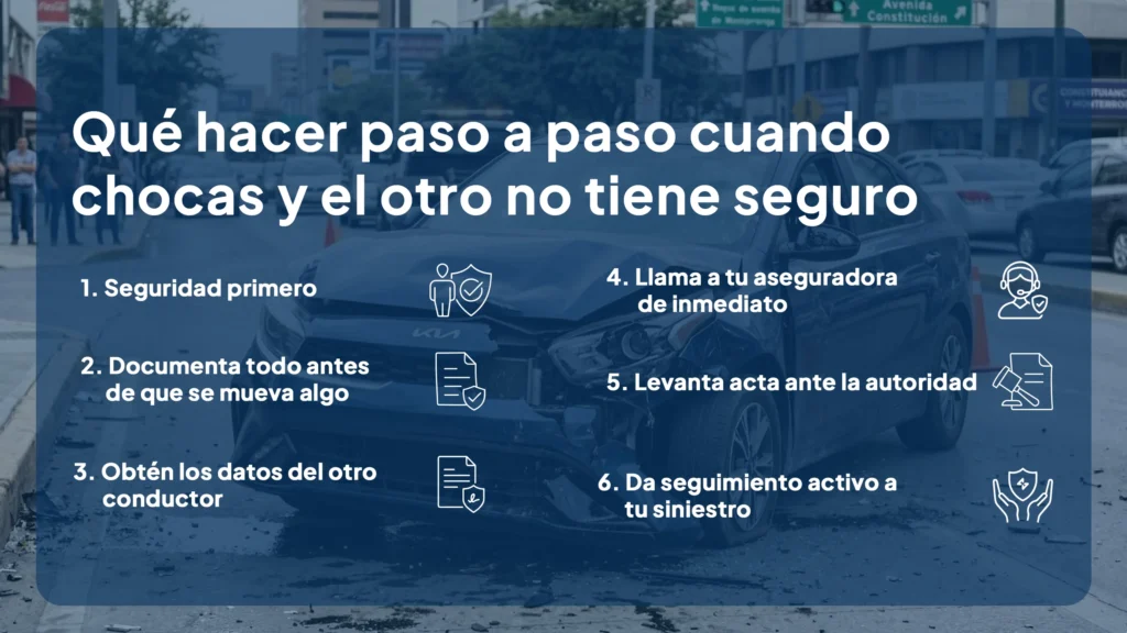 Infografía sobre qué hacer paso a paso en un choque cuando el otro conductor no tiene seguro, incluyendo seguridad, documentación y contacto con la aseguradora.