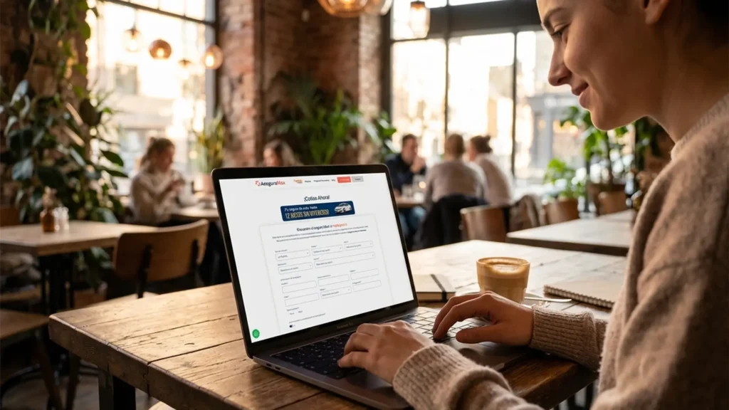 — persona usando el celular para cotizar un seguro, ambiente cotidiano (café, casa), tono cálido y moderno.
