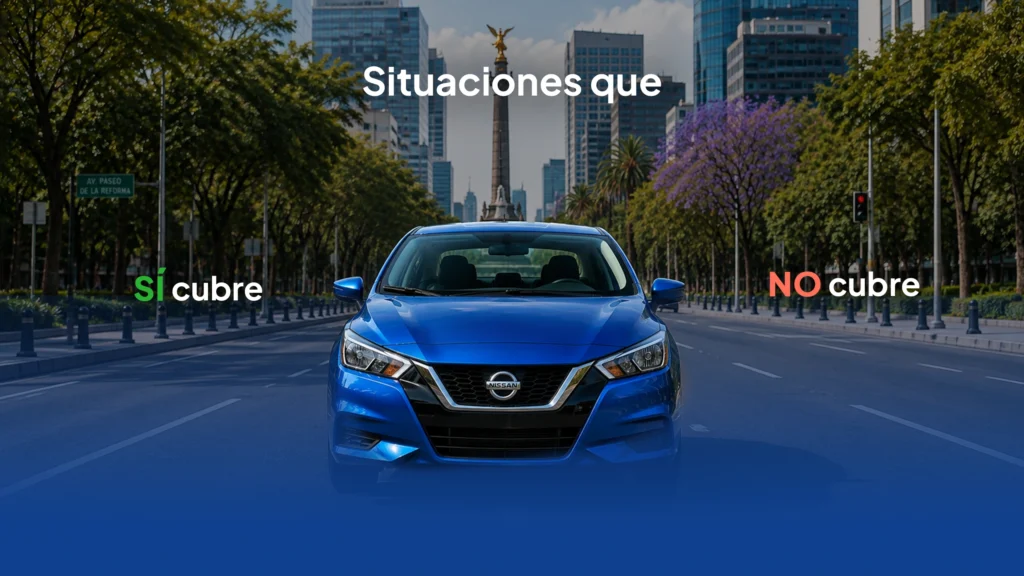 Auto Nissan circulando en Paseo de la Reforma con el Ángel de la Independencia al fondo — situaciones que sí cubre y no cubre el seguro de auto en México