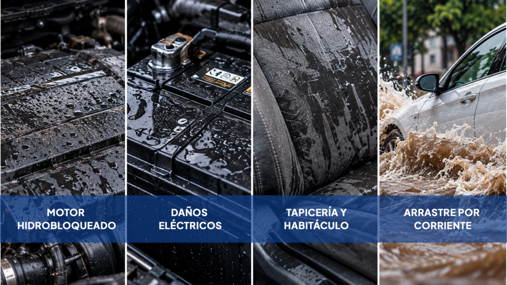 Composición de cuatro fotografías que ilustran los daños que sufre un automóvil en una inundación. De izquierda a derecha: motor mojado con el texto "MOTOR HIDROBLOQUEADO"; batería de auto mojada con el texto "DAÑOS ELÉCTRICOS"; asiento de piel húmedo con el texto "TAPICERÍA Y HABITÁCULO"; y un automóvil blanco atravesando agua acumulada con el texto "ARRASTRE POR CORRIENTE".