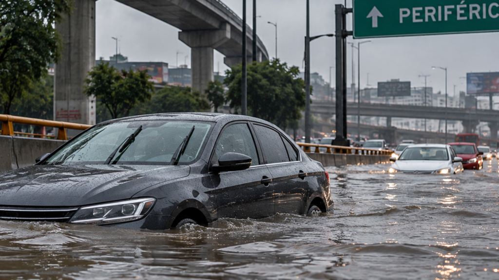 Un automóvil sedán color gris oscuro circulando por una avenida urbana gravemente inundada en un día lluvioso. Al fondo se observan otros vehículos atrapados en el tráfico, un puente vehicular y un letrero de tránsito verde que indica la dirección hacia "PERIFÉRICO".